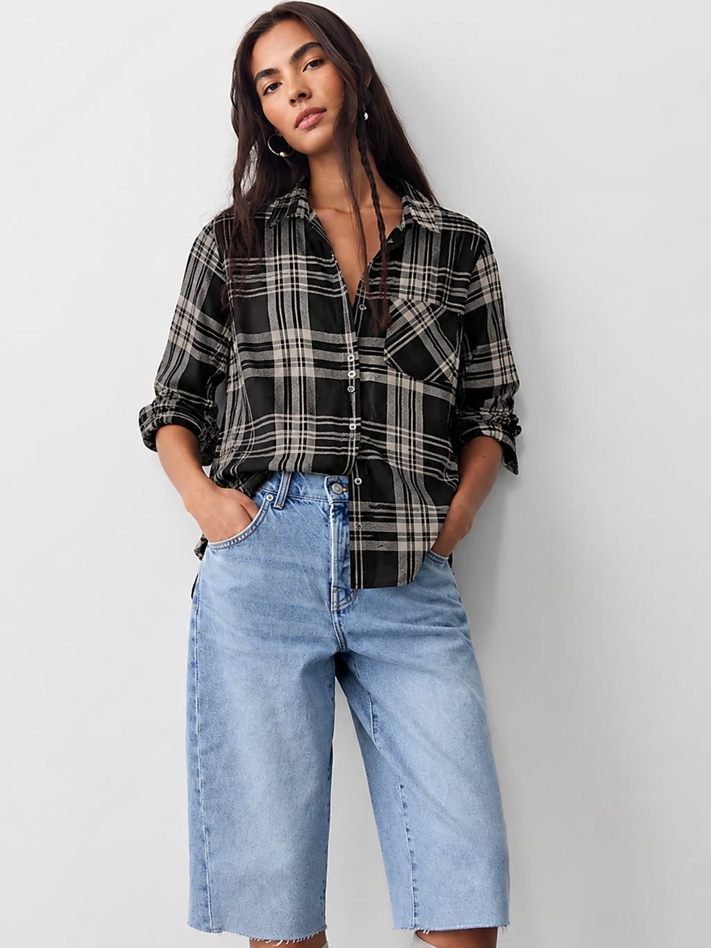 Lucky Brand Black and White Plaid Button-Down Flannel Shirt